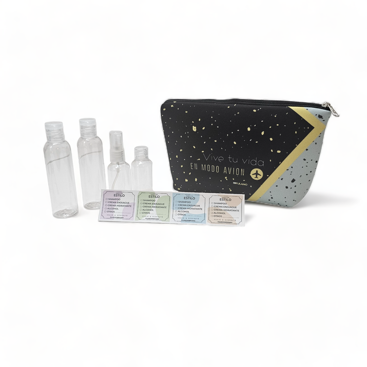 NECESER SIMIL NEOPREN + STICKERS + ATOMIZADOR + FRASCO CH + 2 FRASCOS GRANDES - MODO AVION